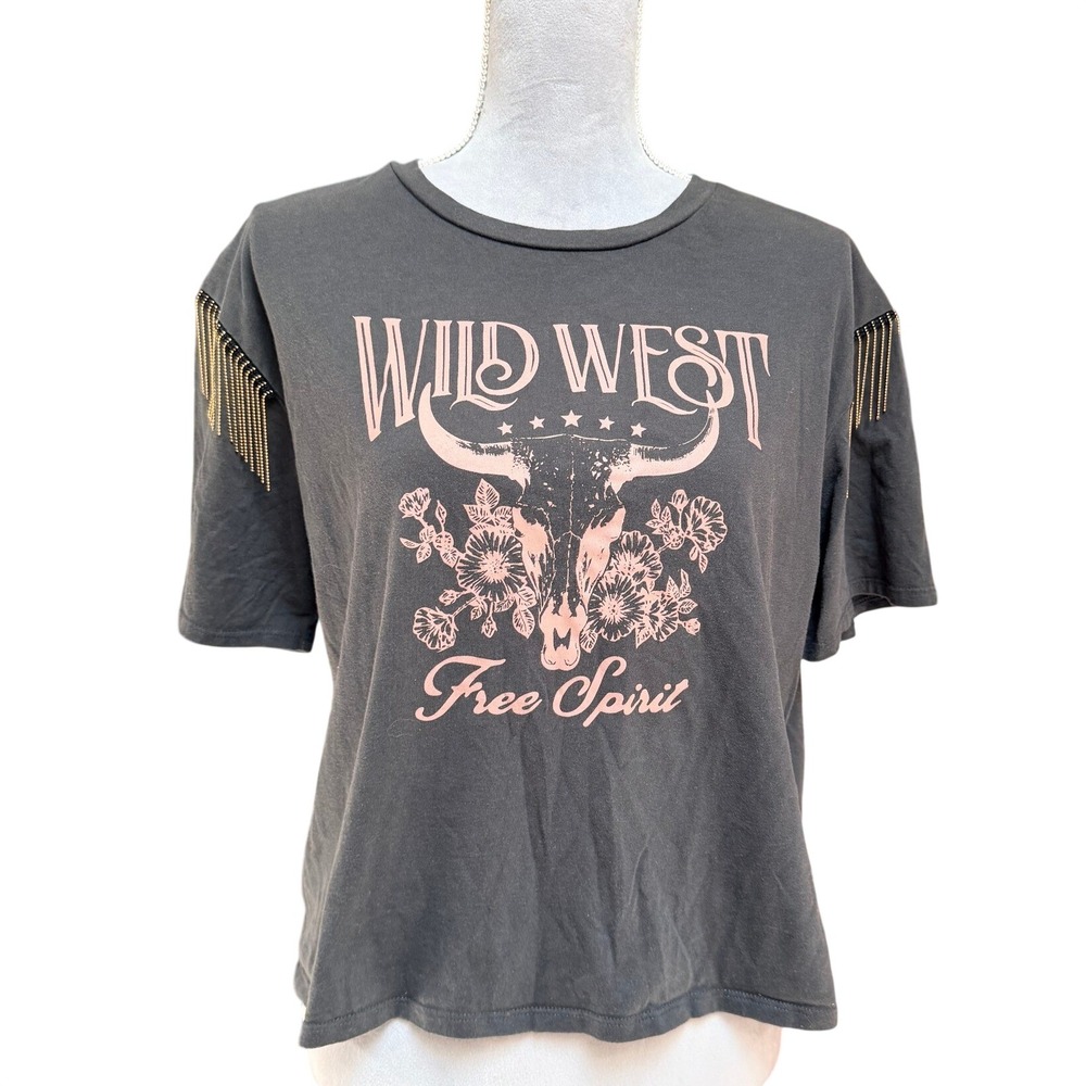 Ocean Generation Wild West Free Spirit Fringe Graphic Tee Charcoal Gray Large
